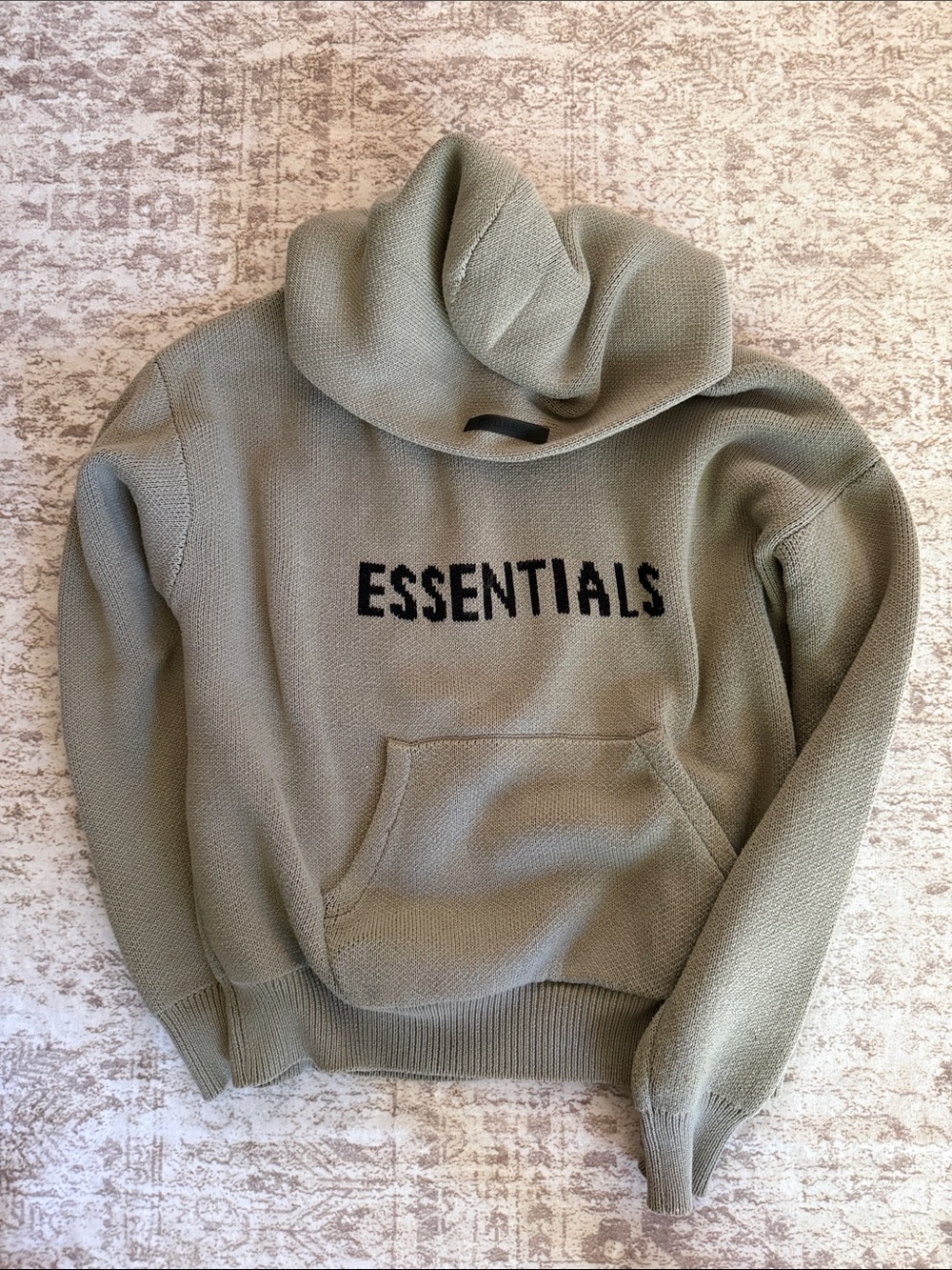 Essentials Olive Knit Pullover Hoodie with Black Logo
